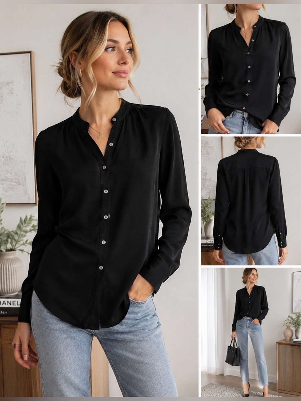 Equipment Femme Black 100% Silk Band Collar Button Front Blouse S